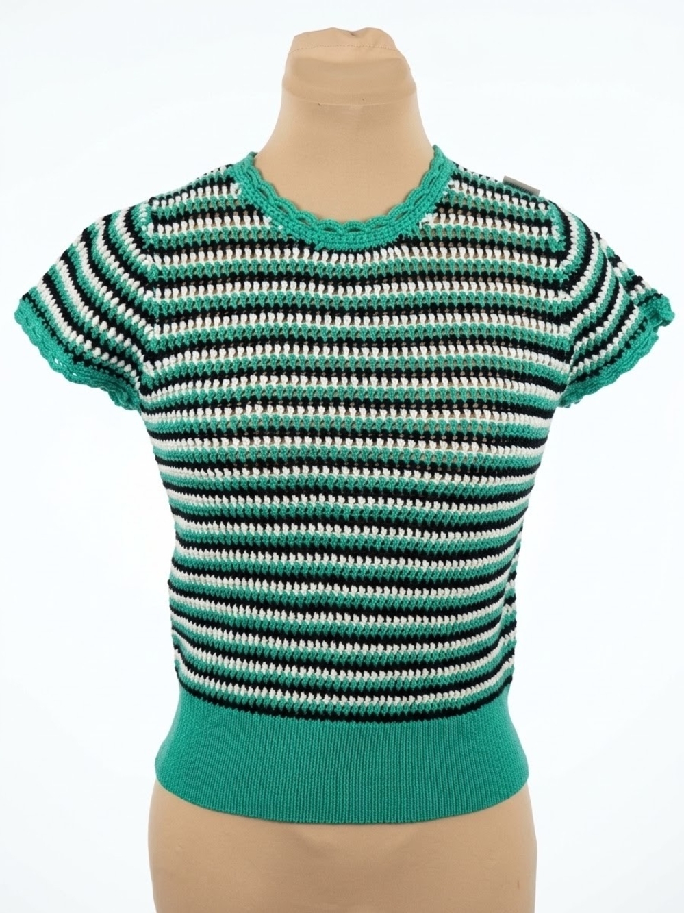 Kate Spade Crochet Short Sleeve Sweater Gumdrop Green Striped sz S